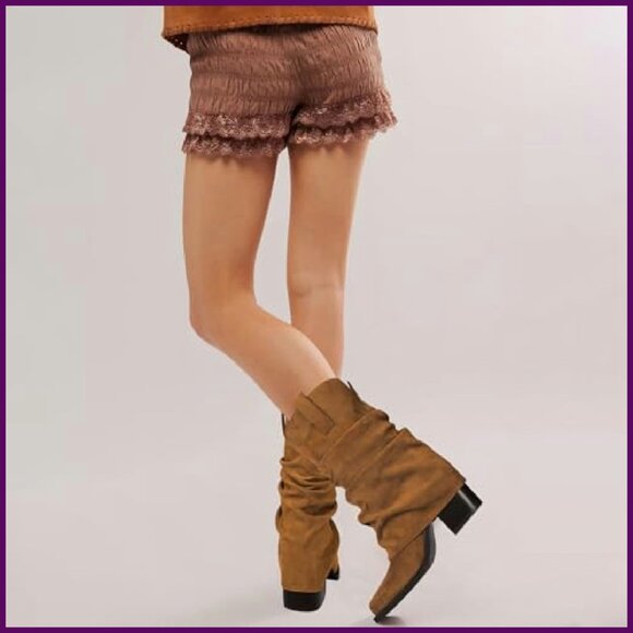 Women's Suede Cowboy Boots Mid Calf Square Toe Chunky Heel Fold Over - Picture 7 of 8